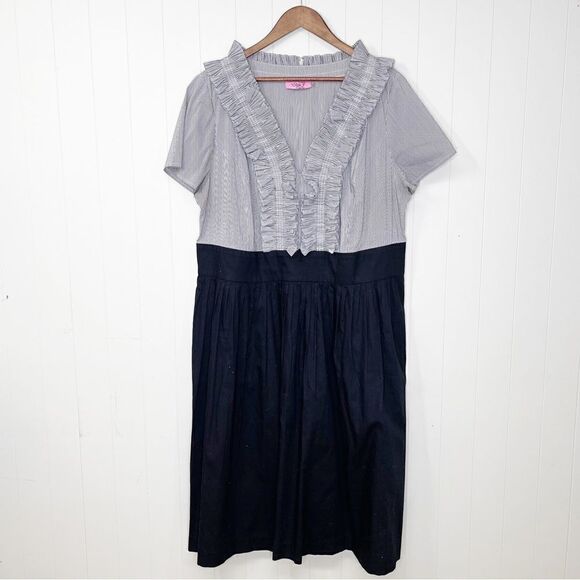Eliza J.  Striped Ruffle Front Pleated Cotton Blend Dress Size 18W - Picture 2 of 10